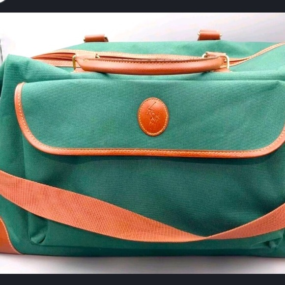 Vintage Ralph Lauren green and tan logo duffle bag 90s luggage polo designer